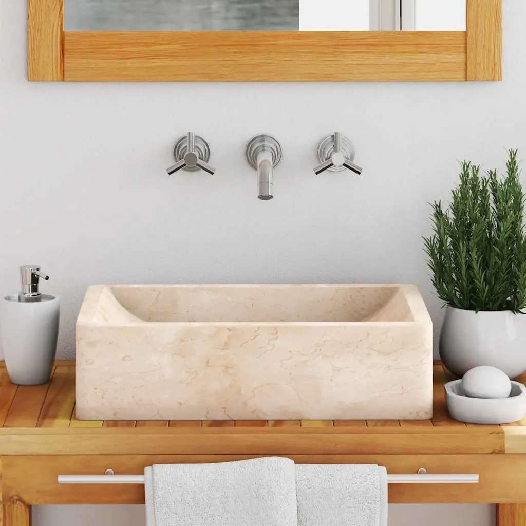 Bathroom Basin Sink Rectangular 45x30x12cm Cream Natural River Stone