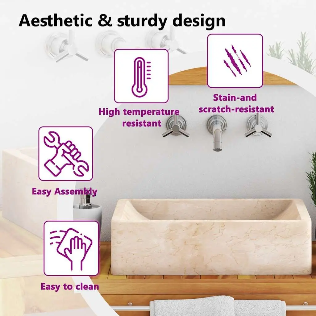 Bathroom Basin Sink Rectangular 45x30x12cm Cream Natural River Stone