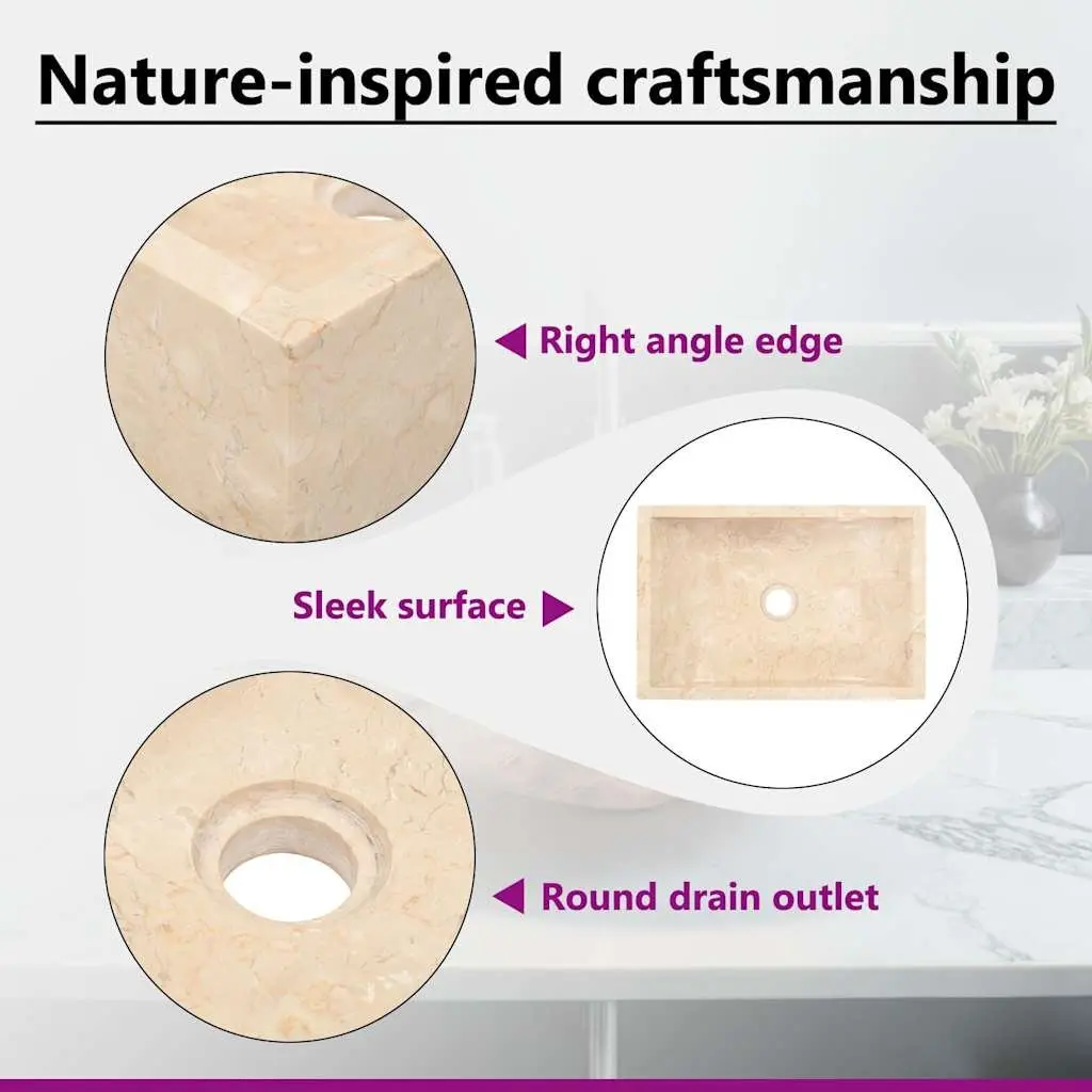 Bathroom Basin Sink Rectangular 45x30x12cm Cream Natural River Stone
