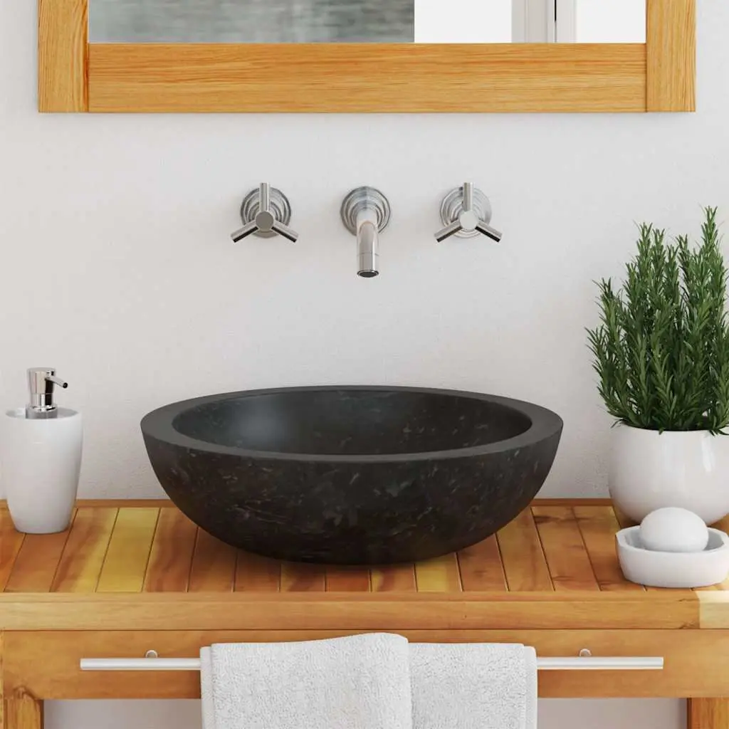 Bathroom Basin Sink Handmade 40x12 cm Black Natural River Stone