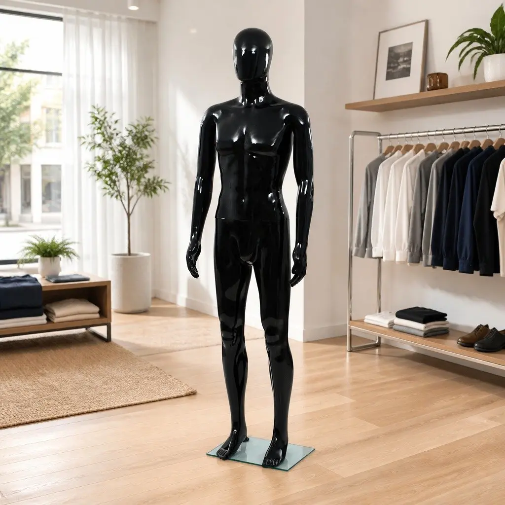 Full Body Male Mannequin Glossy Black Display Torso with Glass Base 185cm Shop