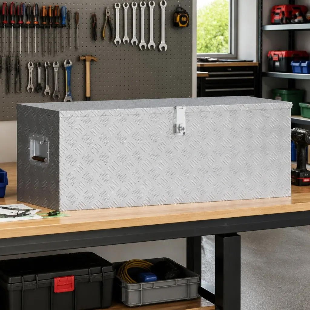 Aluminium Box Storage Tool Transport 110.5x38.5x40cm Silver Compact Lightweight Locking