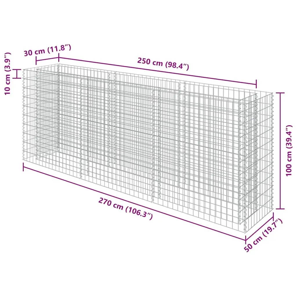 Gabion Raised Garden Bed Planter 270x50x100cm Silver Galvanised Steel
