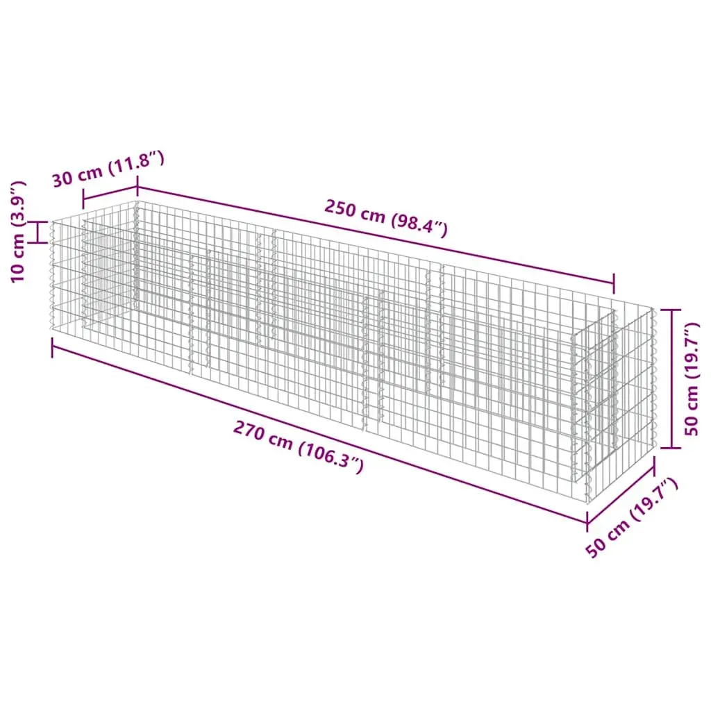 Gabion Raised Garden Bed Outdoor Planter 270x50x50 cm Silver Galvanised Steel