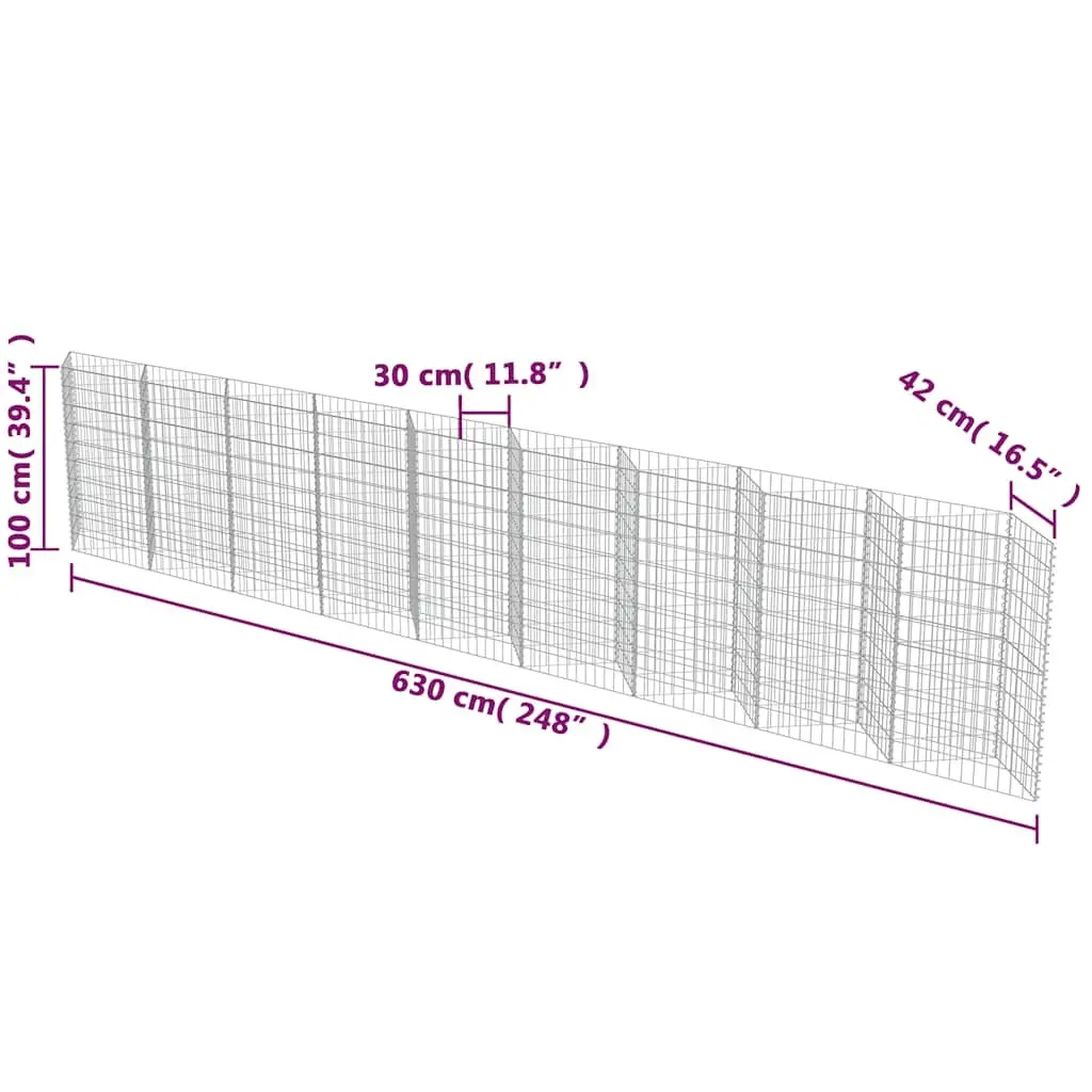 Gabion Wall Panel Retaining Barrier Garden Planter 630 x 30 x 100 cm Silver Galvanised Steel