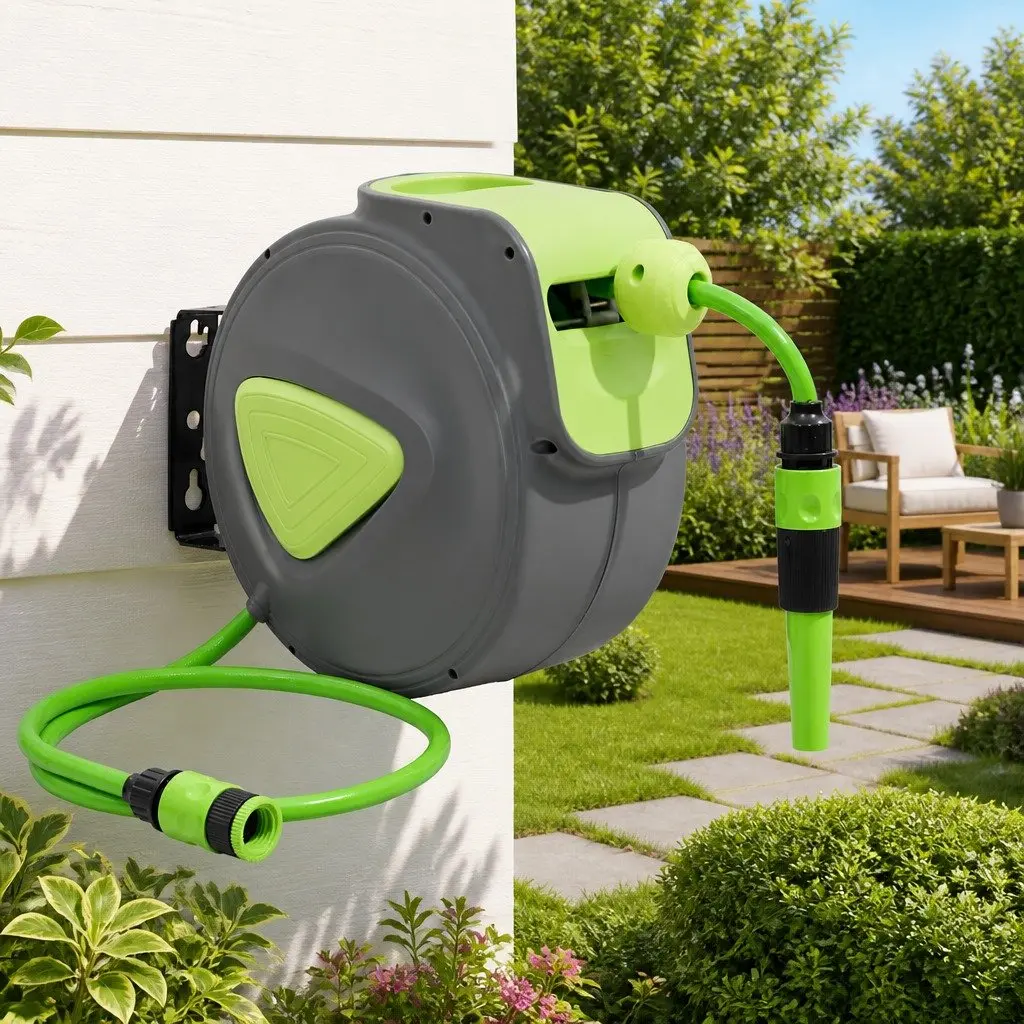 Retractable Water Hose Reel 10m Green Wall Mounted Automatic Garden Irrigation Tool