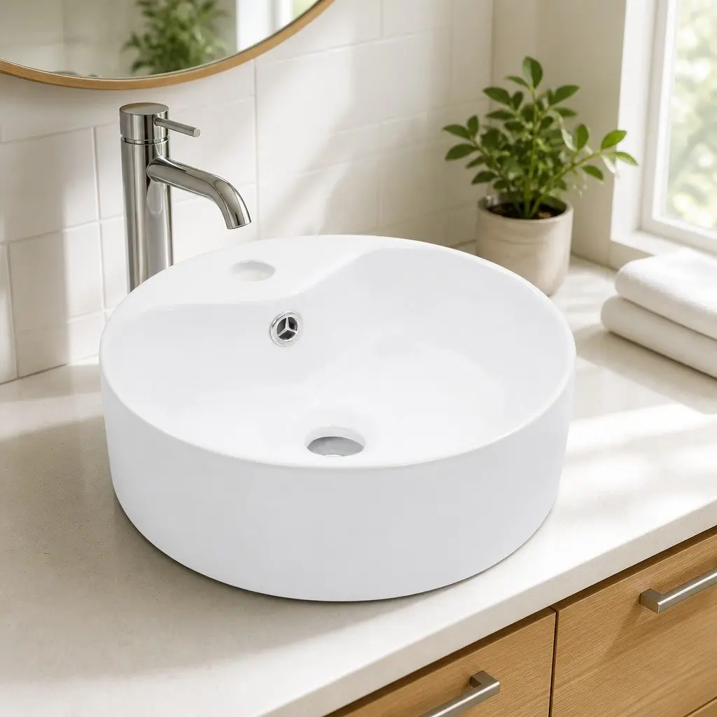 Ceramic Wash Basin with Overflow 36x13 cm Round Bathroom Sink White