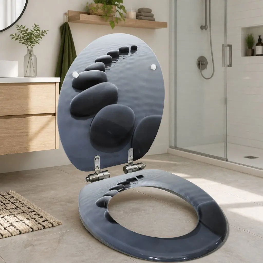 Toilet Seat with Soft Close Lid Grey Stones Design Bathroom Fixture