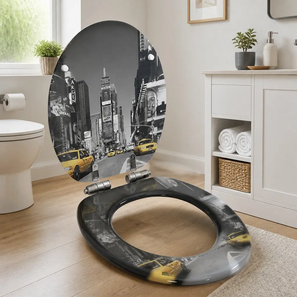 Toilet Seat with Soft Close Lid Grey Design Durable MDF Universal Fit Bathroom