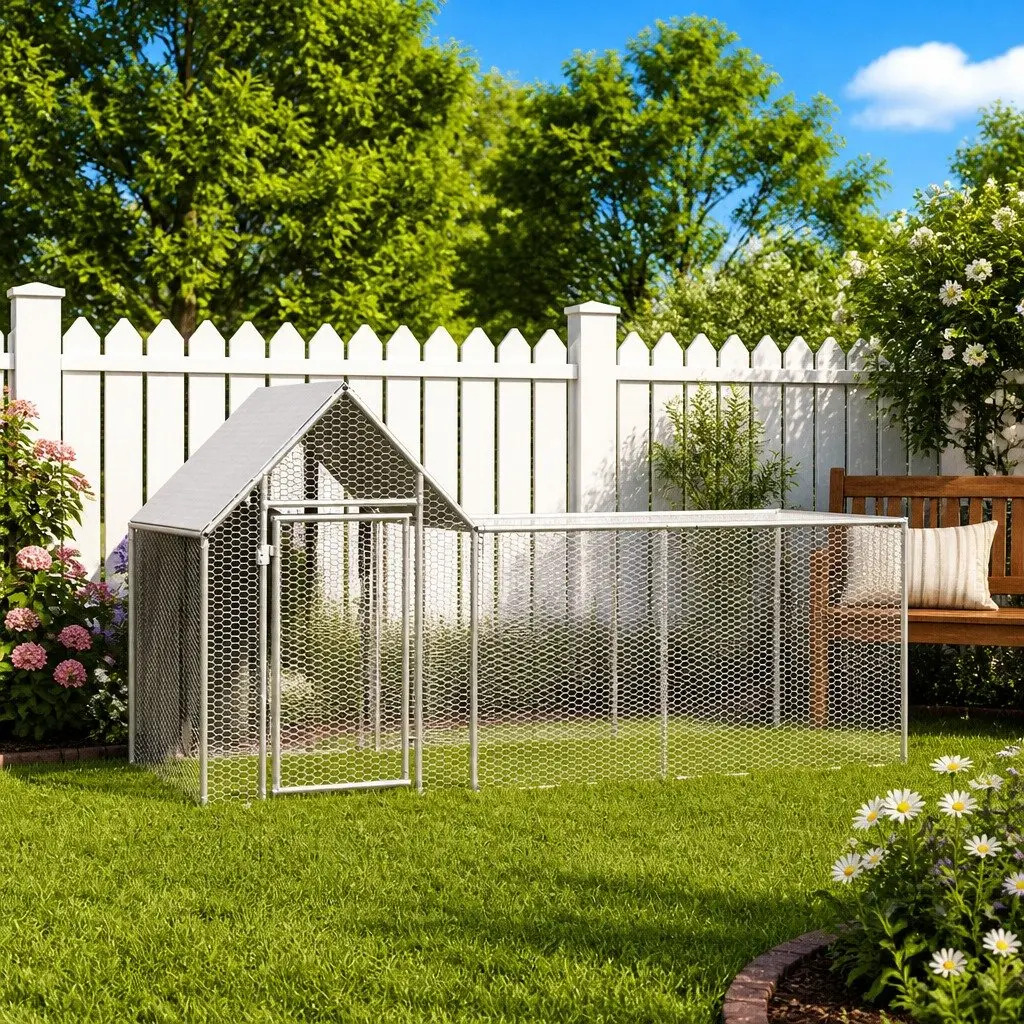 Chicken Coop Galvanised Steel Poultry House 3x1x1.5m Silver