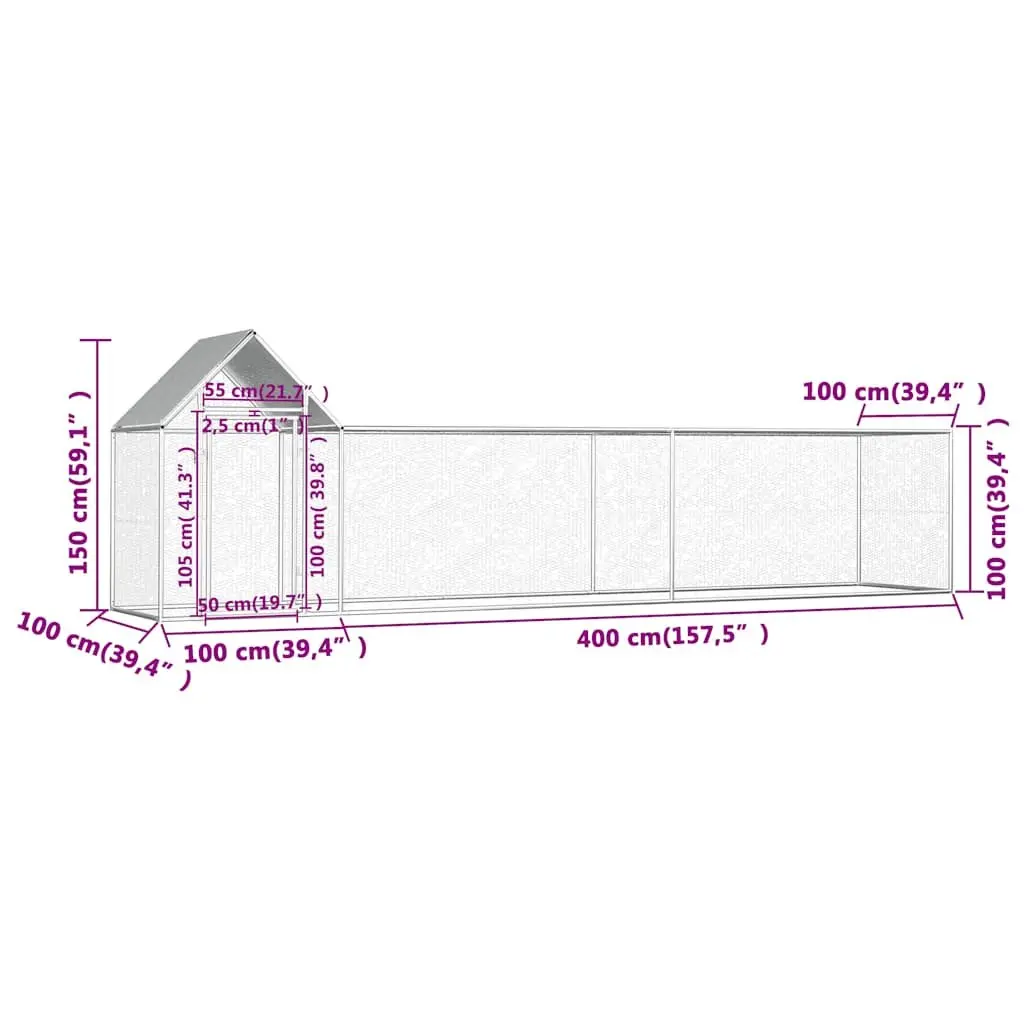 Chicken Coop Galvanised Steel Poultry Run 5x1x1.5m Silver
