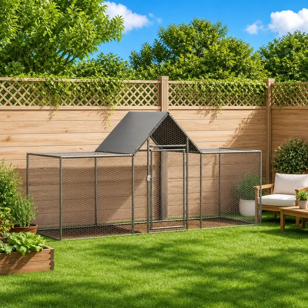 Chicken Coop Galvanised Steel 3x1x1.5m Garden Poultry House Run Enclosure Silver