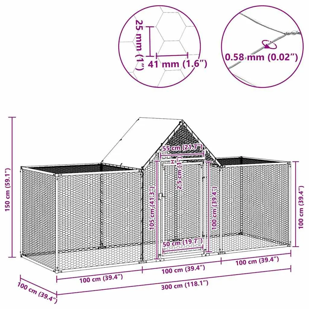 Chicken Coop Galvanised Steel 3x1x1.5m Garden Poultry House Run Enclosure Silver