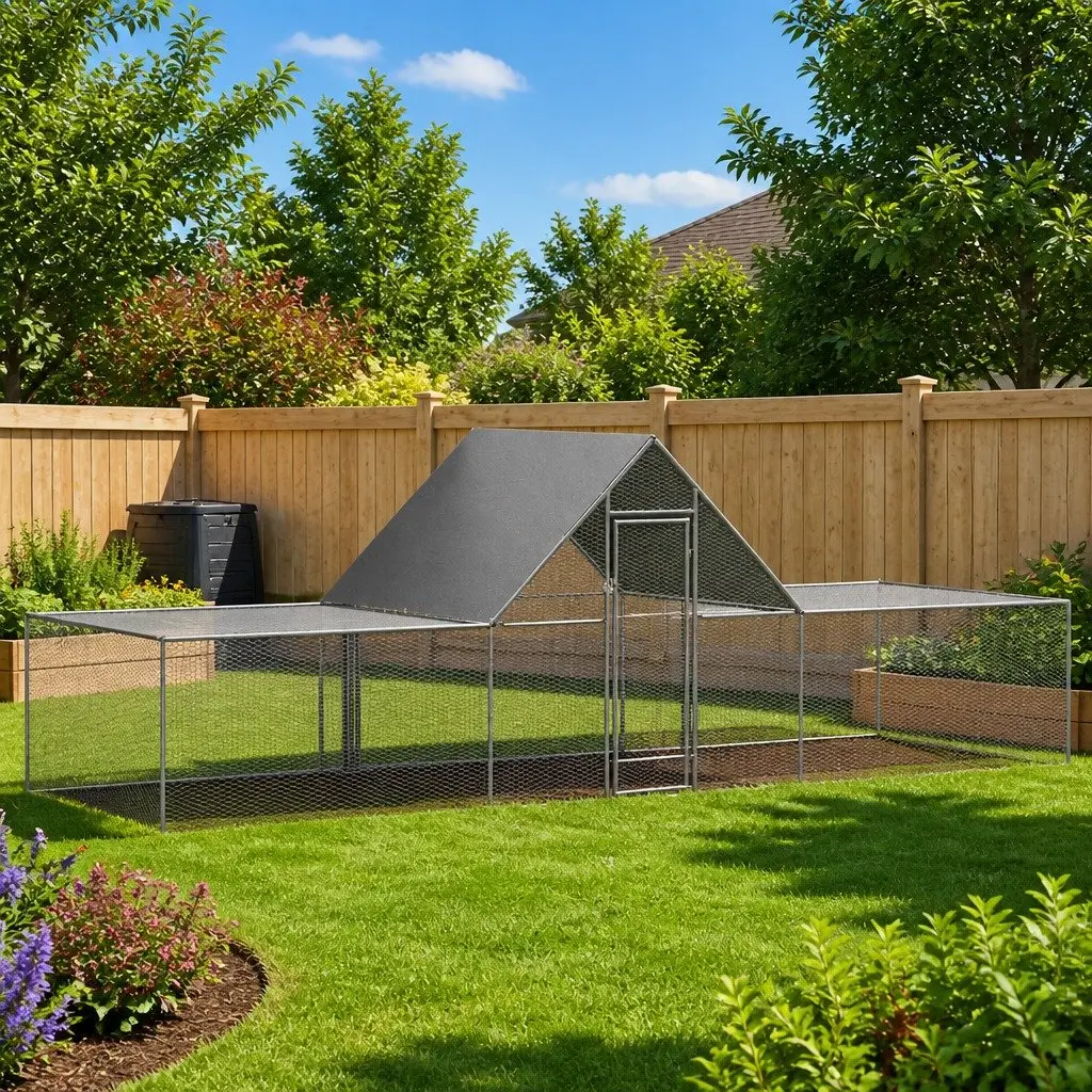 Chicken Coop Galvanised Steel Poultry House 6x2x2m Silver