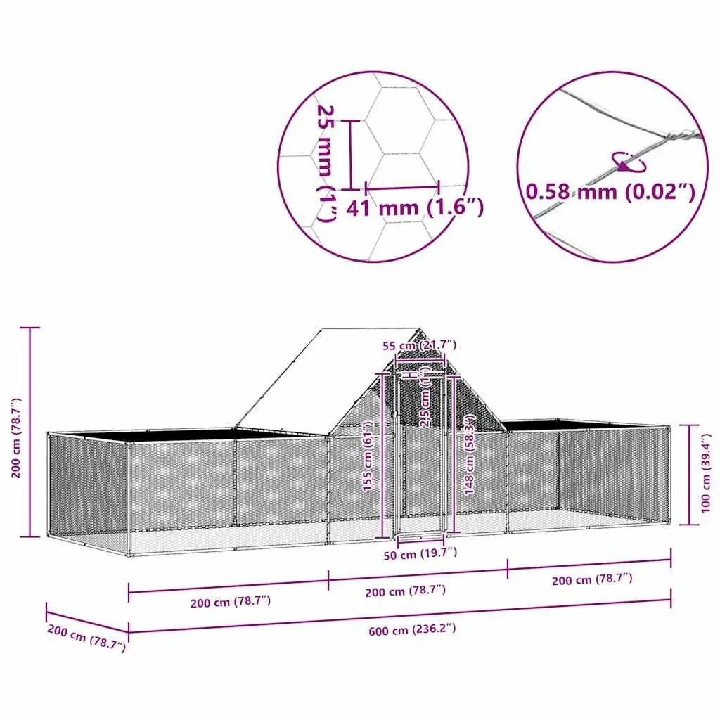 Chicken Coop Galvanised Steel Poultry House 6x2x2m Silver