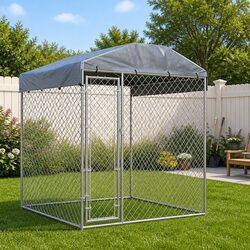 Dog Kennel with Canopy Top Outdoor Pet Run Exercise Playpen Silver 193x193x225cm