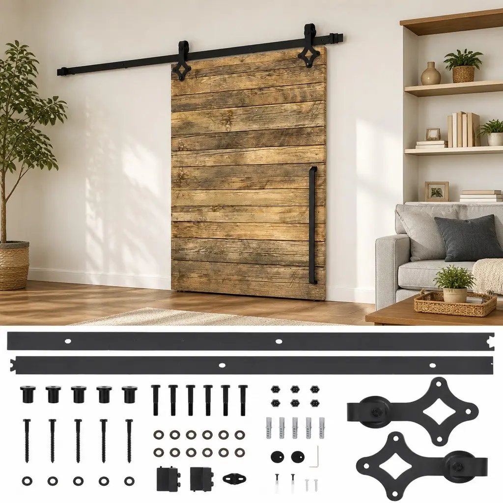Sliding Door Hardware Kit Barn Door 183cm Steel Rails Rollers Black