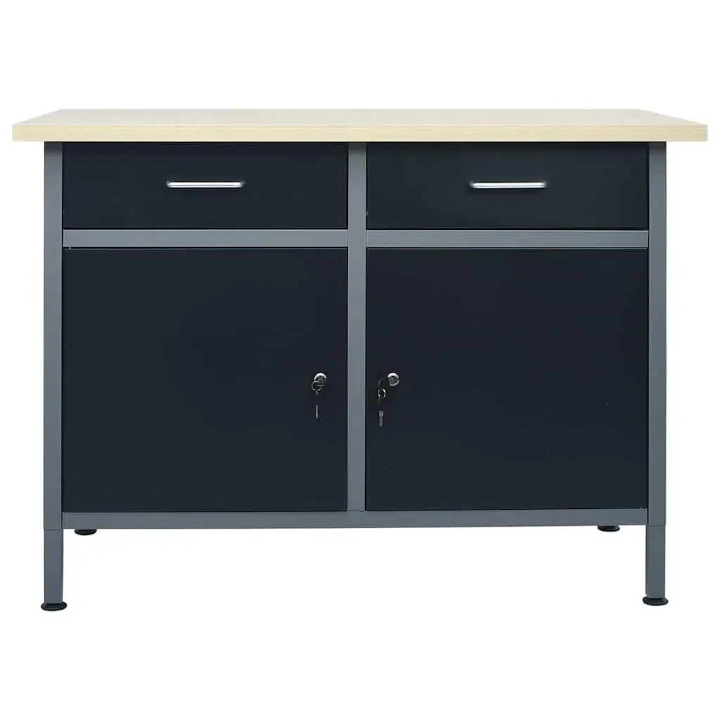 Heavy Duty Workbench Storage 120x60x85 cm Black with 2 Drawers and Lockable Cabinets