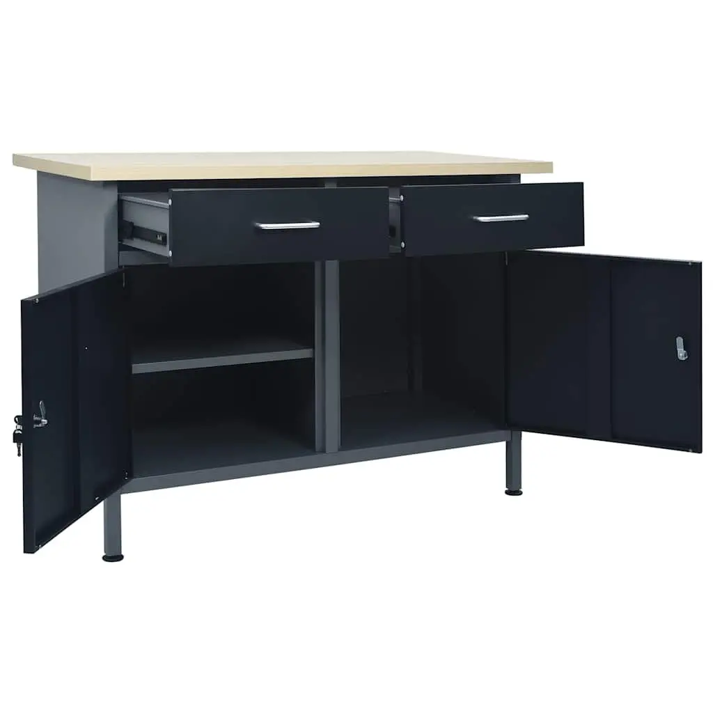 Heavy Duty Workbench Storage 120x60x85 cm Black with 2 Drawers and Lockable Cabinets