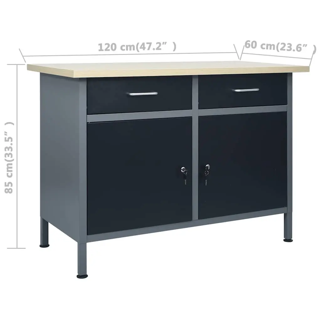 Heavy Duty Workbench Storage 120x60x85 cm Black with 2 Drawers and Lockable Cabinets