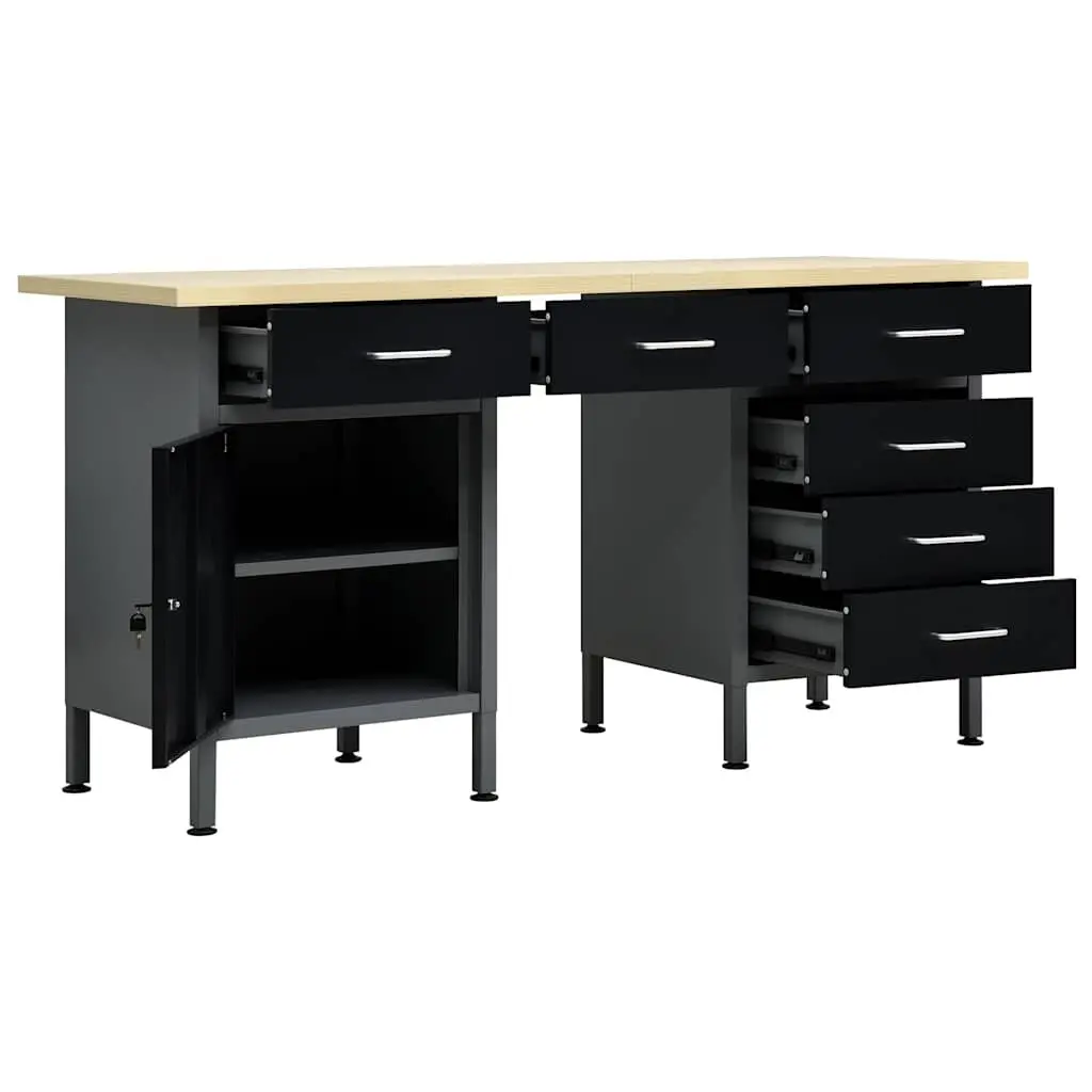 Workbench Heavy Duty Storage 160x60x85cm Black 6 Drawers Lockable Cabinet