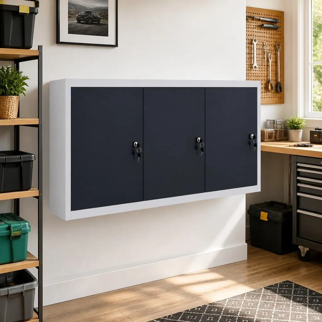 Wall Mounted Tool Cabinet Metal Storage Organizer Industrial Style Grey Black