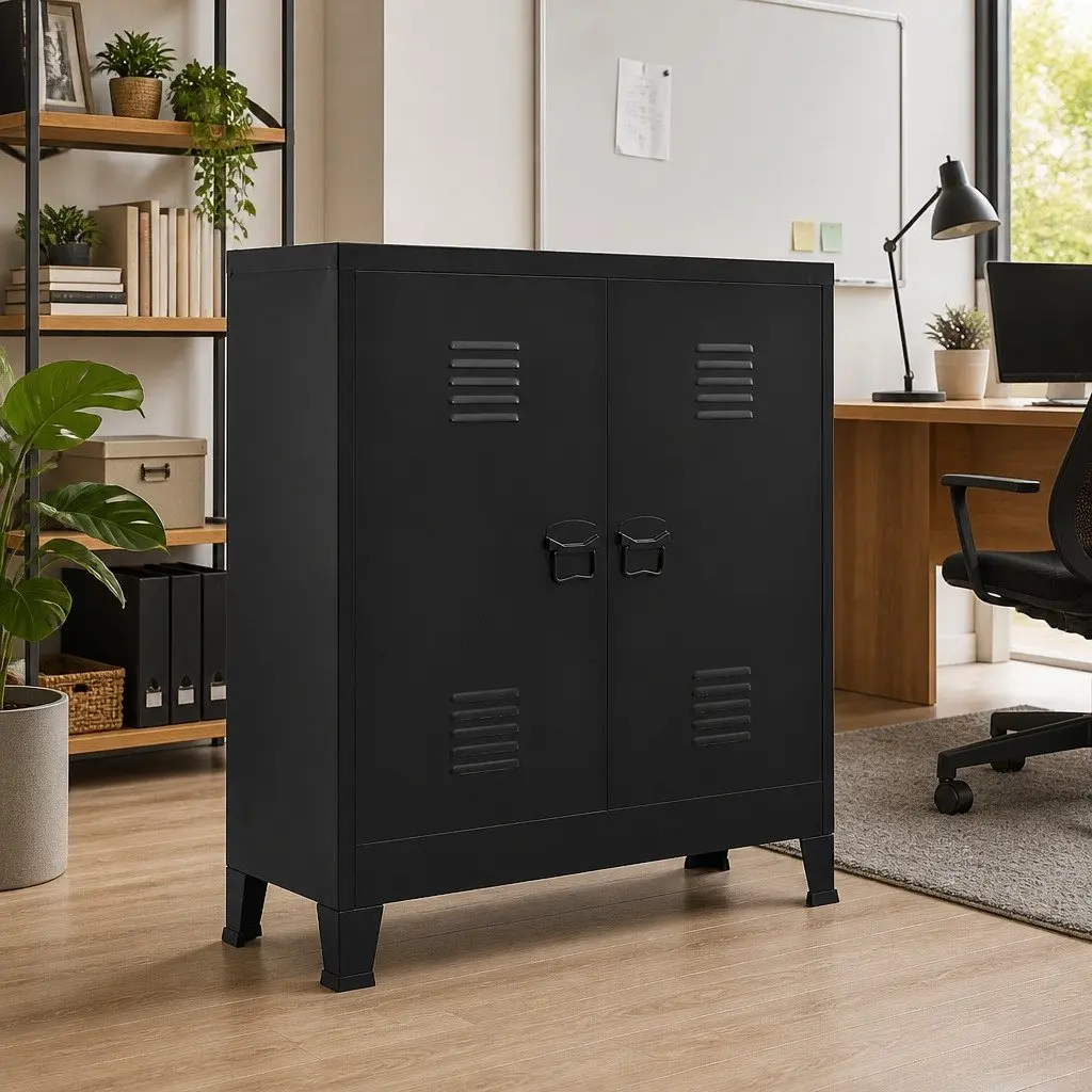 Industrial Storage Chest Office Organiser 2 Shelves Black Steel