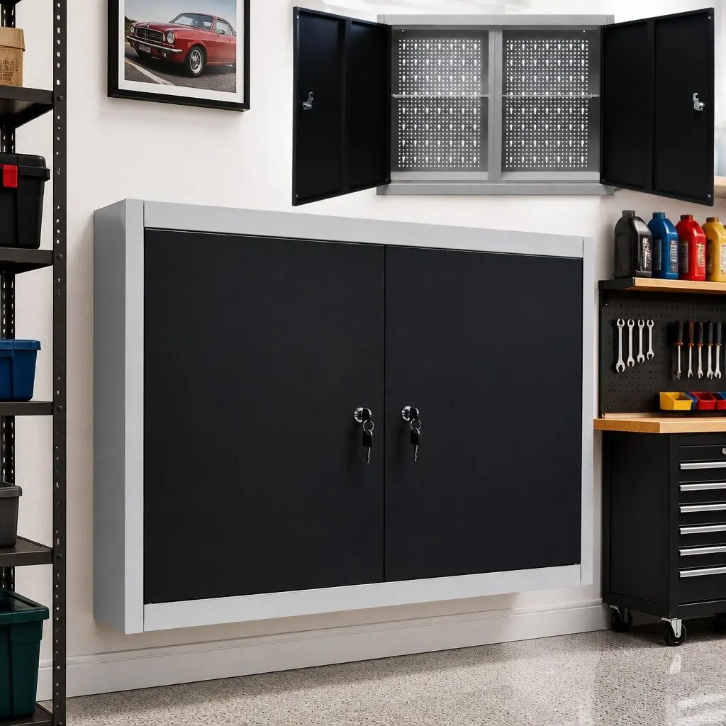 Wall Mounted Tool Cabinet Industrial Storage Metal Grey Black