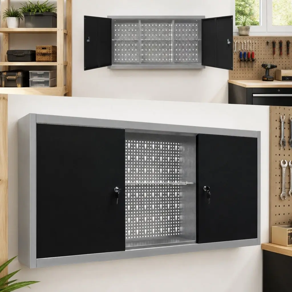 Wall Mounted Tool Cabinet Metal Storage Unit with Lockable Doors Three Adjustable Shelves Grey