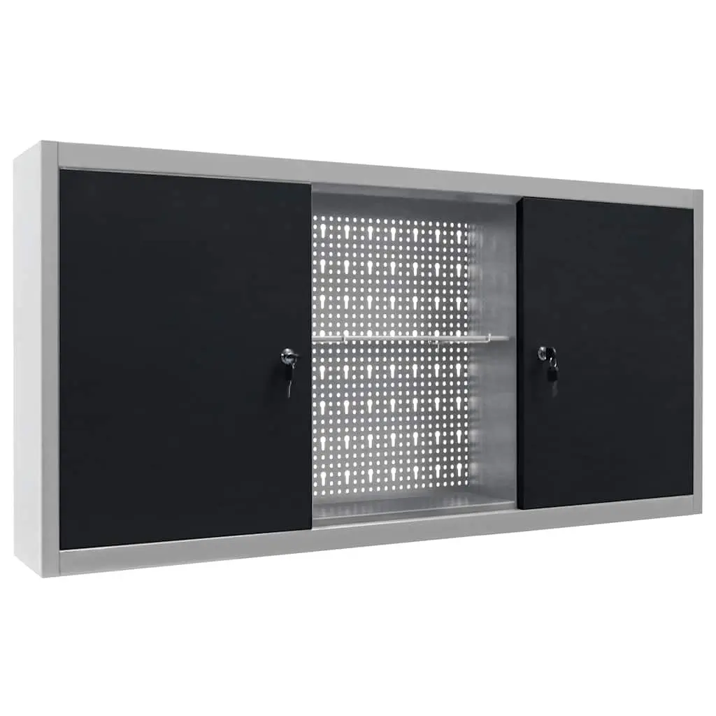 Wall Mounted Tool Cabinet Metal Storage Unit with Lockable Doors Three Adjustable Shelves Grey