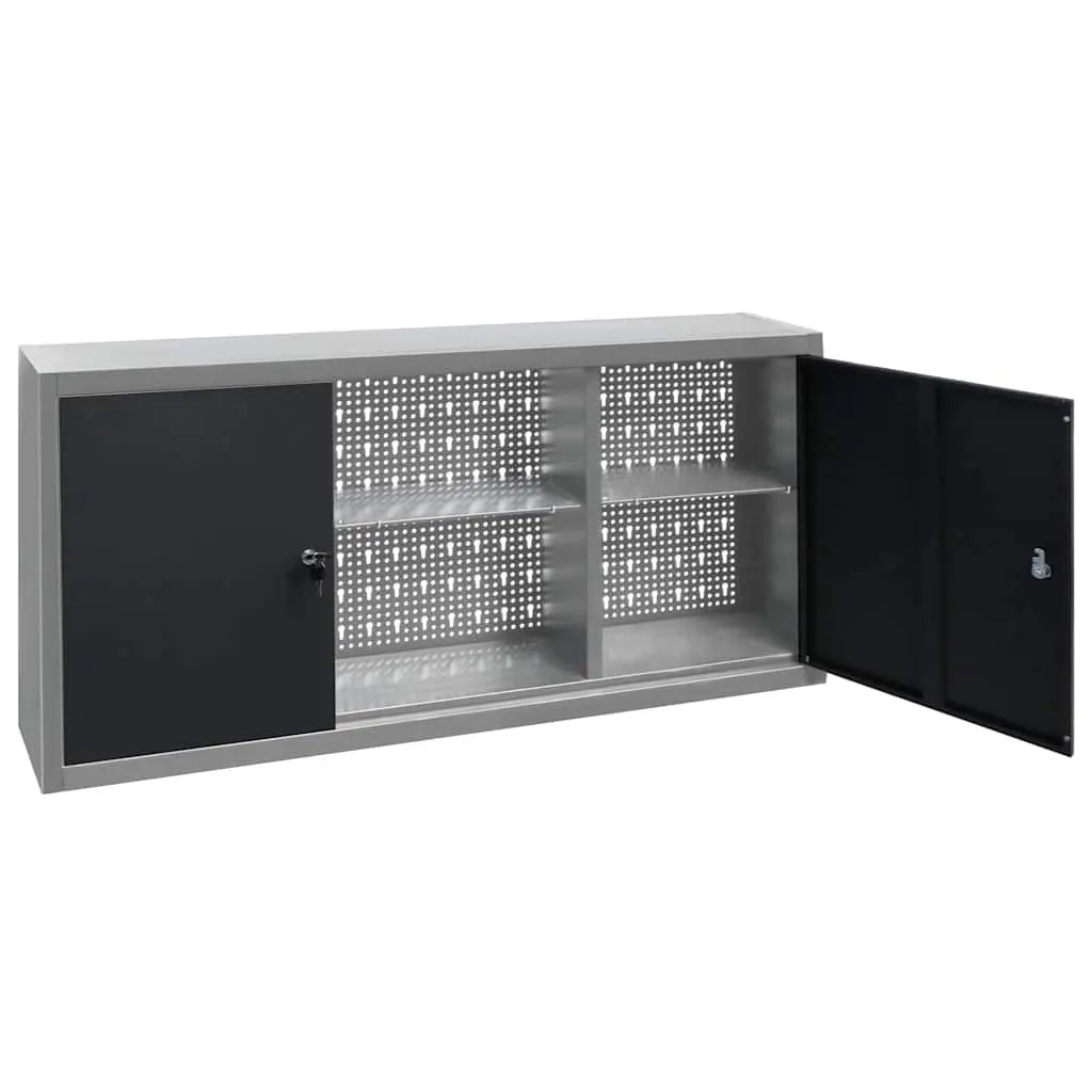 Wall Mounted Tool Cabinet Metal Storage Unit with Lockable Doors Three Adjustable Shelves Grey