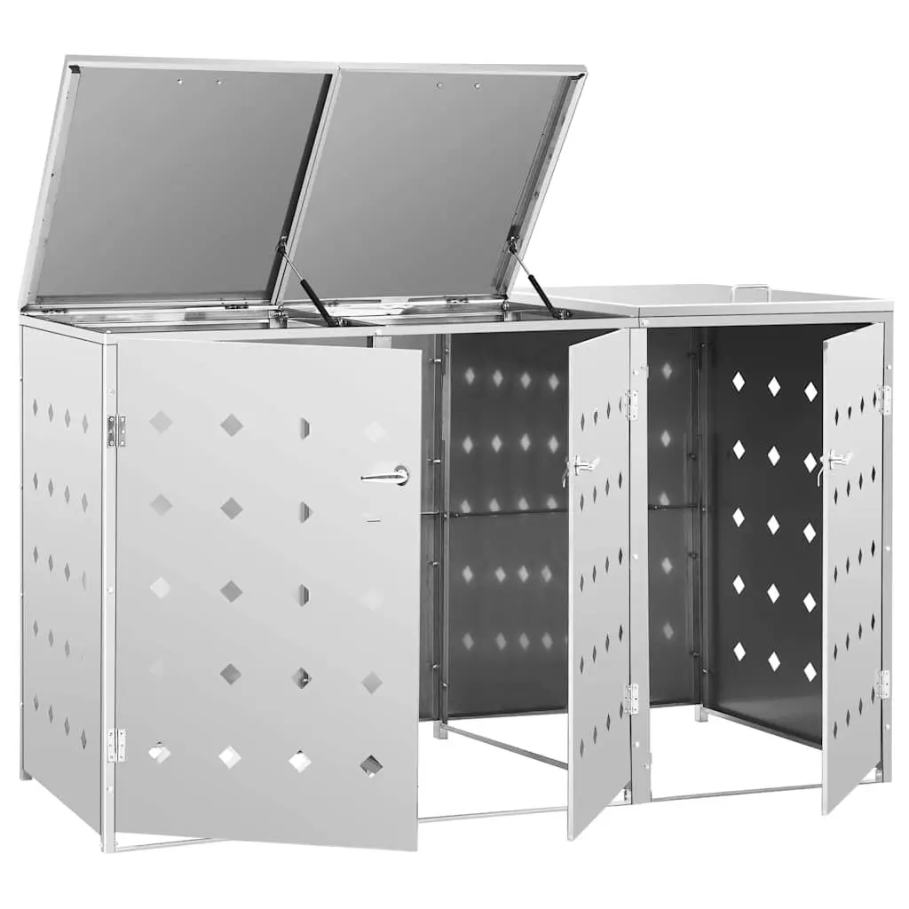 Triple Wheelie Bin Shed 240L Garbage Storage Box Stainless Steel Silver