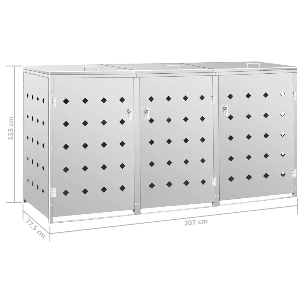 Triple Wheelie Bin Shed 240L Garbage Storage Box Stainless Steel Silver
