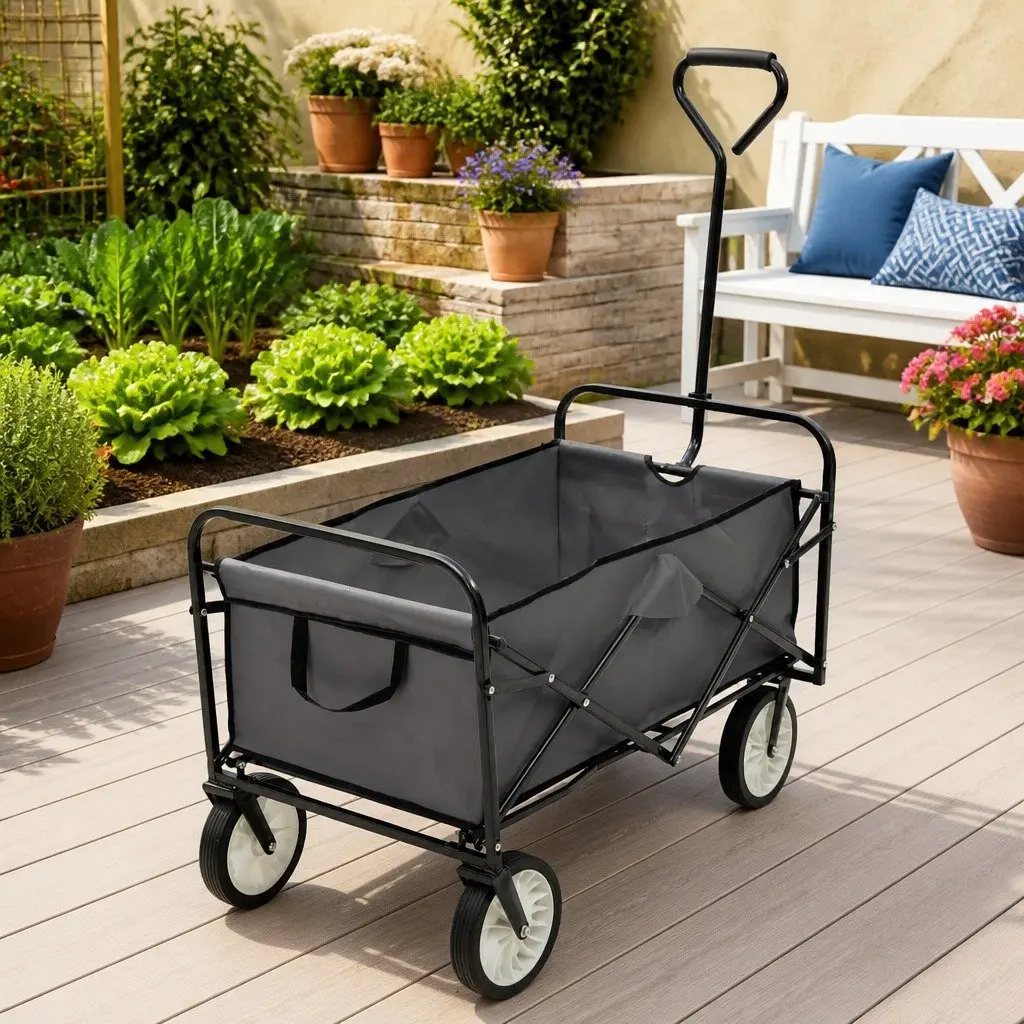 Folding Hand Trolley Garden Wagon Steel Frame 600D Oxford Fabric 75kg Capacity Green