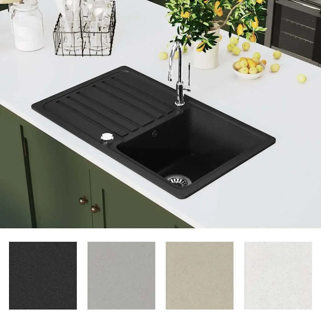 Kitchen Sink Single Basin Black Granite Drainer Reversible Left Right Fitted