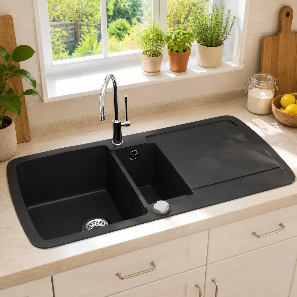 Double Basin Kitchen Sink Black Granite Drainer Reversible Space Saver Durable