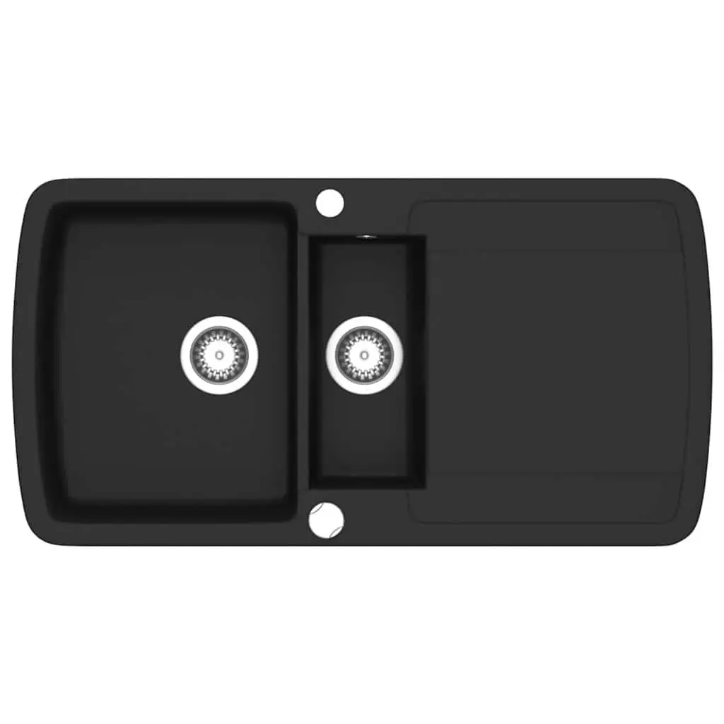 Double Basin Kitchen Sink Black Granite Drainer Reversible Space Saver Durable