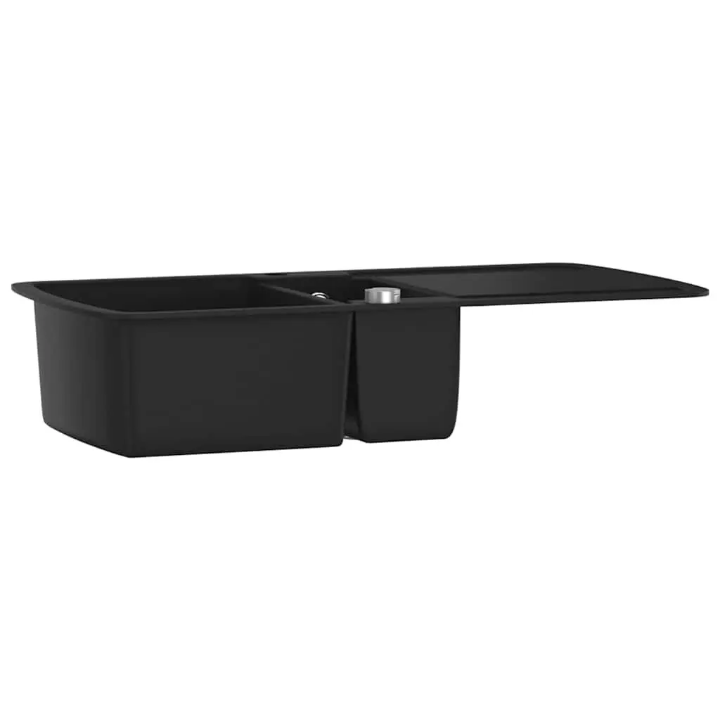 Double Basin Kitchen Sink Black Granite Drainer Reversible Space Saver Durable