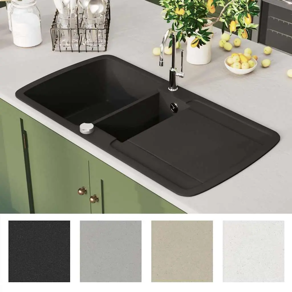 Double Basin Kitchen Sink Black Granite Drainer Reversible Space Saver Durable