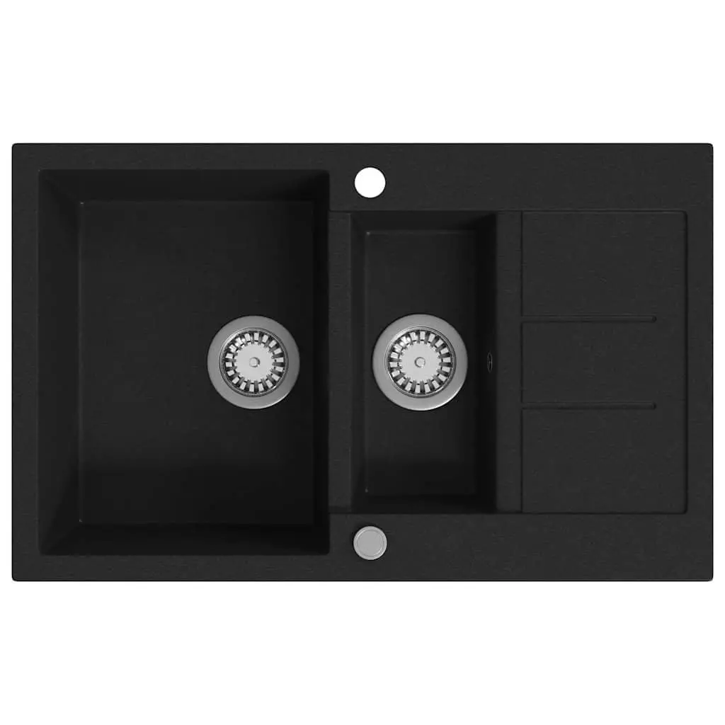 Double Basin Kitchen Sink Black Granite Reversible Two Bowl Undermount Fixture