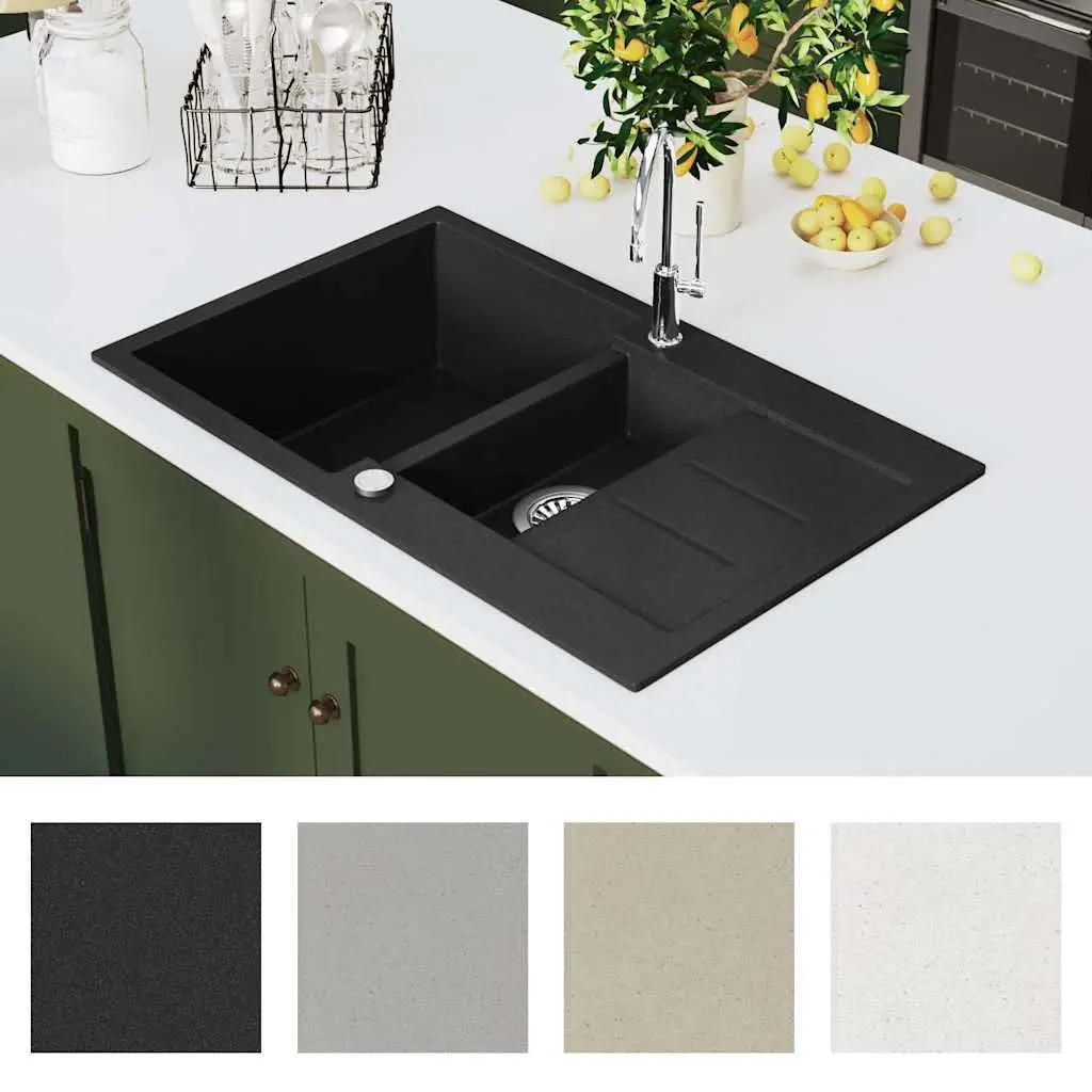 Double Basin Kitchen Sink Black Granite Reversible Two Bowl Undermount Fixture