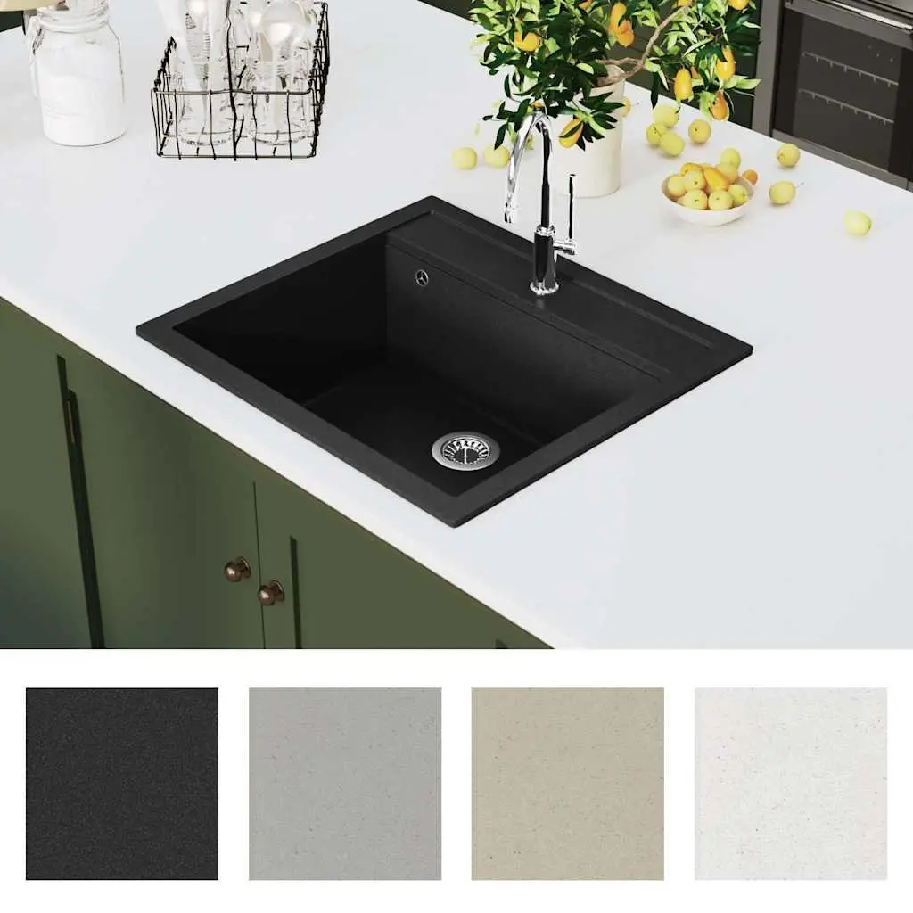 Kitchen Sink Single Basin Black Granite Drainer Reversible Space Saver