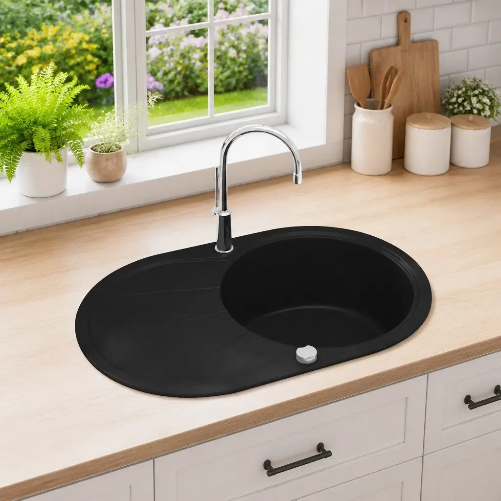 Kitchen Sink Single Basin Oval Black Granite Drainer Reversible Space Saver