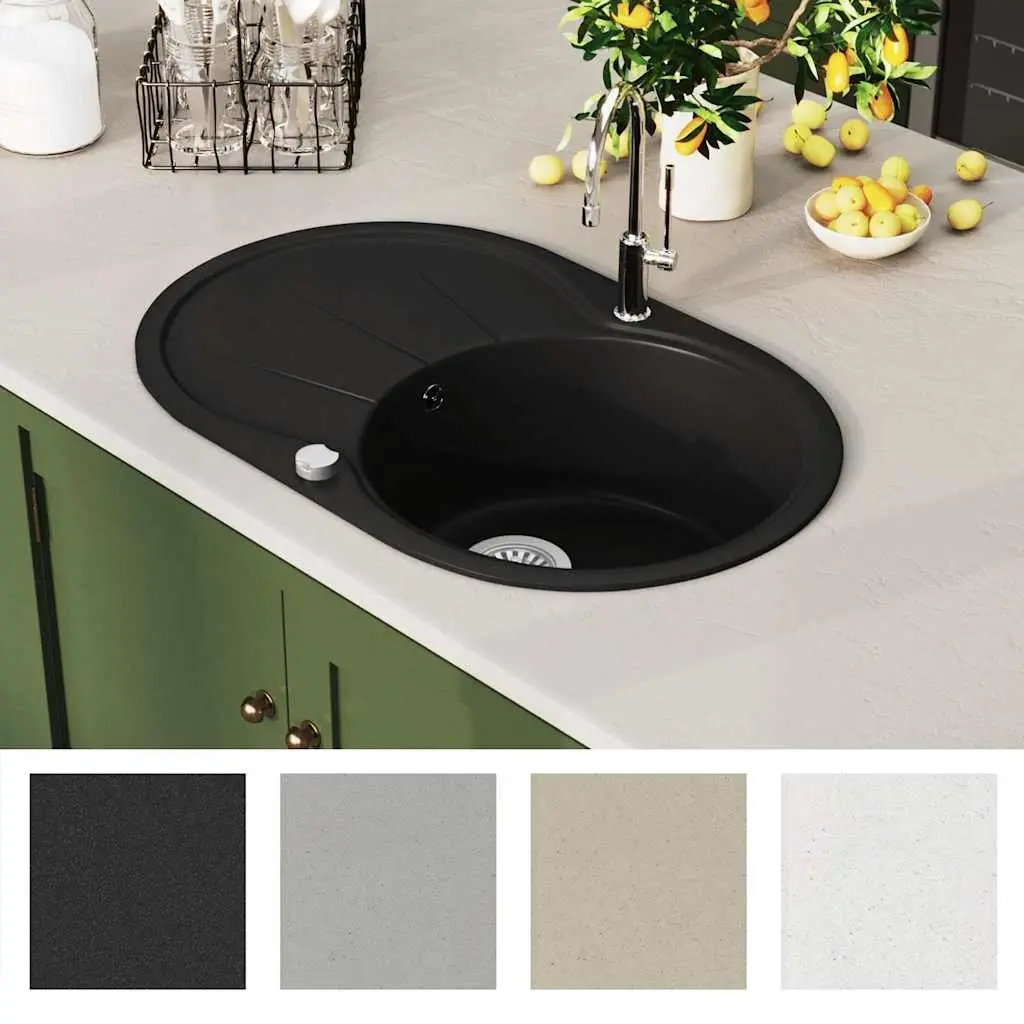Kitchen Sink Single Basin Oval Black Granite Drainer Reversible Space Saver