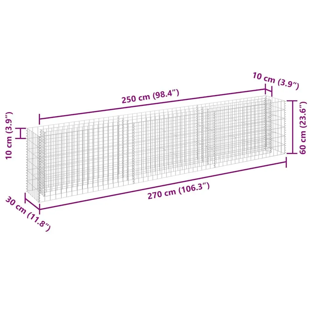 Gabion Planter Raised Garden Bed Silver Galvanised Steel Wire Mesh 270 x 30 x 60 cm