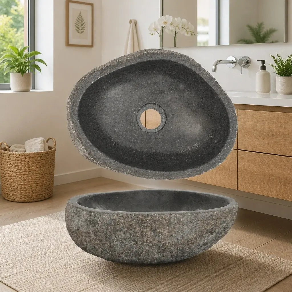 Oval River Stone Bathroom Basin Sink Natural Wash Bowl Anthracite Vanity