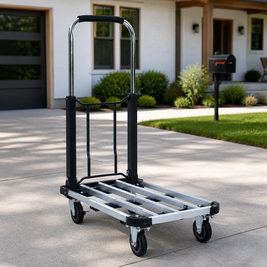 Foldable Transport Trolley Hand Truck Adjustable Handle 150kg Silver