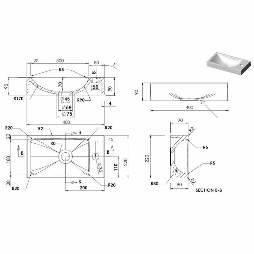 Bathroom Wash Basin 400x220x90mm Drop-In Above Counter Sink White