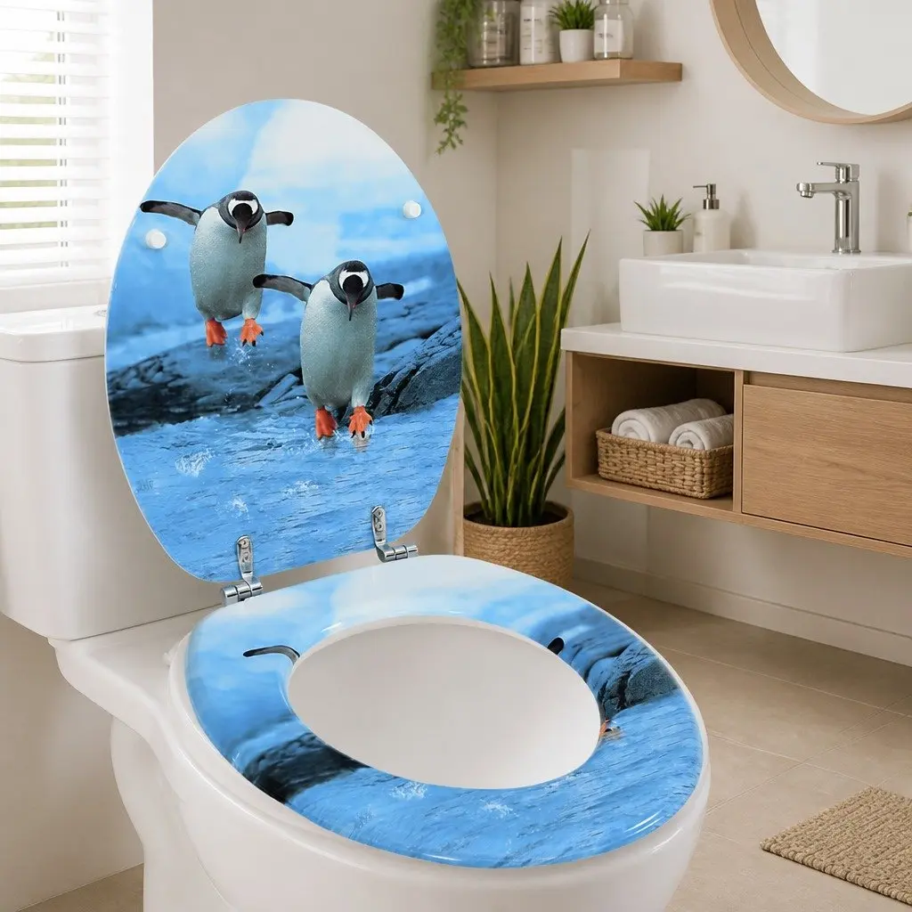 Toilet Seat with Lid Penguin Design Multicolour Bathroom Fixture Adjustable