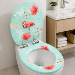 Toilet Seat with Soft Close Lid MDF Multicolour Flamingo Design Bathroom Fixture